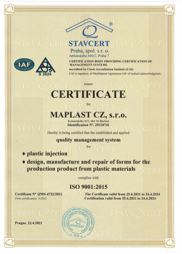 certifikat ISO9001 2015 MAPLAST CZ platnost 2024 EN